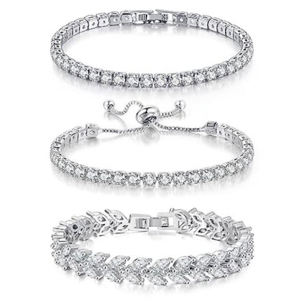 3 Pcs Gold Plated CZ Tennis Bracelet Set Adjustable Marquise Diamond